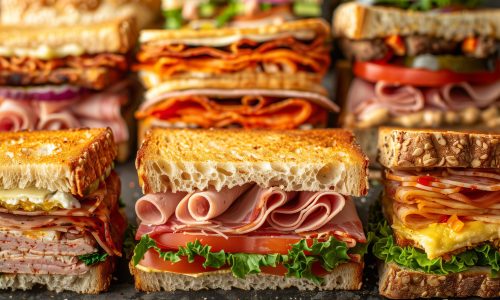 Close up The stacked sandwiches showcase a variety of ingredients and flavors.