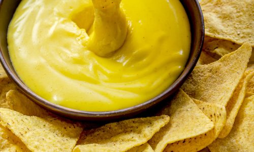 Tex mex corn tortilla chips with cheddar cheese dip